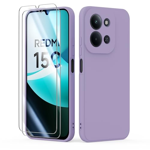 binandteam Hülle für Xiaomi Redmi 15C 4G / 5G mit 2 Stück Schutzfolie Handyhülle Dünne Weiche TPU Stoßfeste Flüssigsilikonhülle Silikonhülle Anti-Scratch mit Microfiber Schutzhülle - Lila