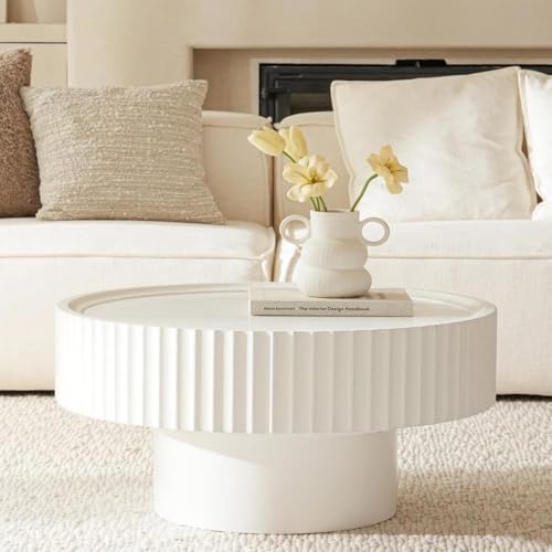 Round Wood Coffee Table - Wooden, Ribbed-Design, 30.3" Dia, 14.9"