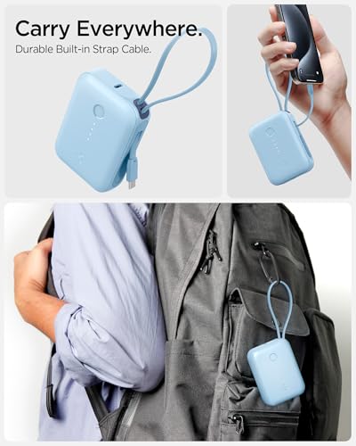 Image of Spigen ArcPack 10000mAh Power Bank with Built-in USB-C Cable,30.0W Fast Charging, 1 Type-C Cable, 1 Type-C Port, 1 USB-A Port - (ABS + PC | Cream Blue)