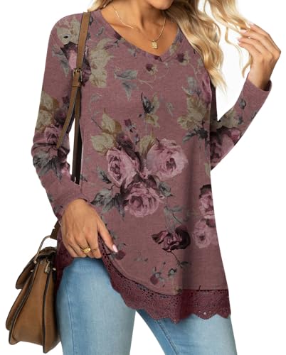Netsmile Women's Tops Fall Long Sleeve Tunics Loose Dressy Casual Shirts Lace Hem Sweatshirt for Leggings