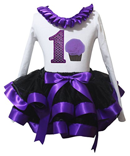 T-shirt blanc Cupcake 1er anniversaire et jupe pétale violette et noire pour bébé et petite fille