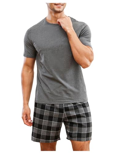 SweatyRocks Men's Plaid Print Pajamas Set Short Sleeve 2 Piece Sleepwear Lounge Sets