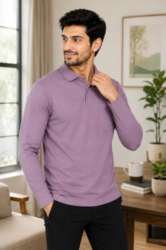 Image of CAMEY Men's Plain Solid Long Sleeve Polo T-Shirt | Regular Fit | Collared Casual Cotton Blend Tee with Chest Pocket | Everyday Comfort Wear