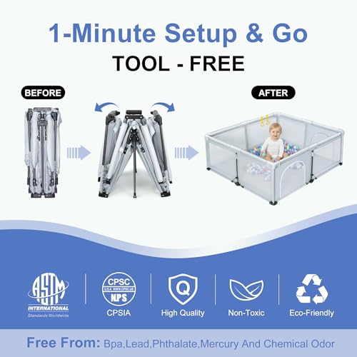 Image of Foldable Baby Playpen, 50 inchx50 inch Portable Play Yard for Babies and Toddlers, Breathable Mesh Gate Fence, Indoor Outdoor Playpen with 50 Ocean Balls & 2 Pull-Up Rings, 1-Minute Easy Setup