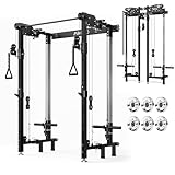 Mikolo Folding Squat Rack, Wall Mounted Power Rack with Cable Crossover Machine & LAT Pull Down, Functional Trainer with 5 Adjustable Function Modes, with 18 Pack Aluminum Pulleys(Black)