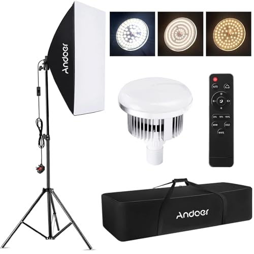 Andoer Softbox Lighting Kit 2800K-5700K 85W Bi-color Temperature LED Bulb with Remote, Photography Lighting Kit with 50x70cm Softbox, 2m Light Stand, Softbox Kit for Studio Photography, 1 Set