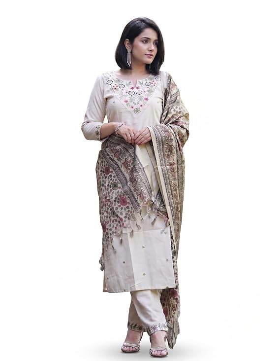 Salwar Suit With Dupatta For Women's | Khadi Silk | Cream Embroidered Kurta | Floral Embroidery, 3-Piece Set, Ethnic Wear, Tassel Dupatta, Straight Kurta-picture-11