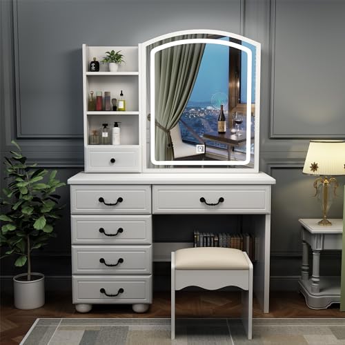 Anwick Makeup Vanity, Fashion Vanity Desk with Mirror and Lights, Makeup Vanity with Drawers & Shelves, White Vanity with Lighted Mirror, 3 Color Lighting Brightness Adjustable