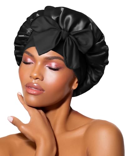 Image of BONNET QUEEN Silk Bonnet for Sleeping Women Satin Bonnet Night Sleep Cap Wrap for Curly Hair with Tie Band, Small, Black