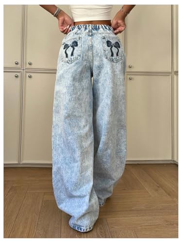 Milumia Girl's Bow Knot Baggy Jeans Low Waist Straight Wide Leg Y2k Denim Pants with Pockets3