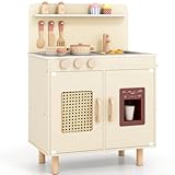 Maxmass Kids Toy Kitchen, Wooden Toddler Role Play Kitchen with Ice Maker, Dual Stoves, Sink, Complete Accessories, Children Pretend Kitchens Cooking Playset for 3+ Years Old Boys Girls (Yellow)