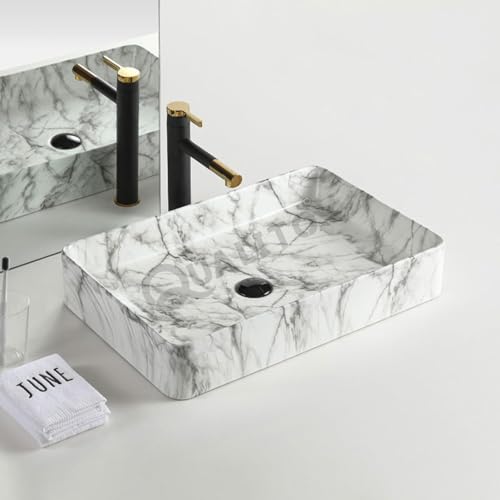 Image of QUALITO Designer Table Top Wash Basin for Bathroom, Living Room, Hall, Dinning Room | Big Size Ceramic Vessel Sink /Basin | Glossy Finish Marble Vanity Basin (24x14x5 Inch, Lexa)