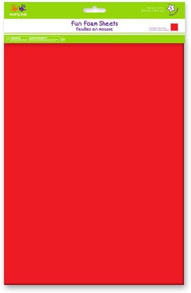 Krafty Kids Fun Foam Sheets, 8.5in by 11.5in, Red, 5-Piece, 8.5" by 11.5"