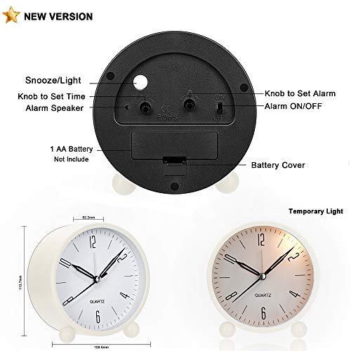Image of Analog Alarm Clock, 4 inch Super Silent Non Ticking Small Clock with Night Light, Battery Operated, Simply Design, for Bedroom, Bedside, Desk (White)