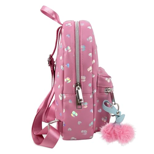 Image of Jessica Simpson Women's Mini Backpack, 10 Inch Vinyl Handbag Purse with Plush Keychain for Travel, Commute, Party, Festival (Pink Metallic Hearts & Cherries)