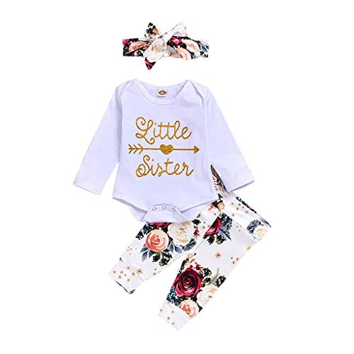 WOCACHI Baby Girls 3PCS Pants Sets, Infant Baby Boy Girl Long Sleeve Letter Romper Print Pants Headbands Outfits Set Infant Bodysuits Rompers Clothing Sets Christening Long Sleeve Organic Cotton