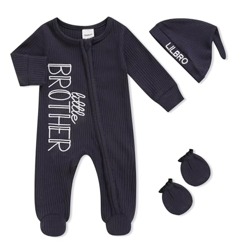 Image of Newborn Baby Boy Fall Winter Outfits Zippered Romper Letter Embroidered Coming Home Jumpsuit with Hat Mittens