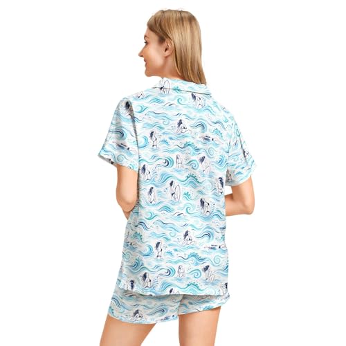 Image of Funny Pajamas for Women Set Print Satin Loungewear Pjs Short Sleeve Button Down Top and Shorts Sets Sleepwear XS-3XL