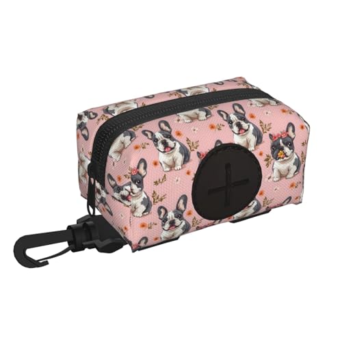 Flower Cute French Bulldog Print Dog Poop Bag Holder for Leash, Doggy Poop Bag Dispenser with Carabiner, Hook and Loop Pet Waste Bags Holder Dogs Walking Accessories