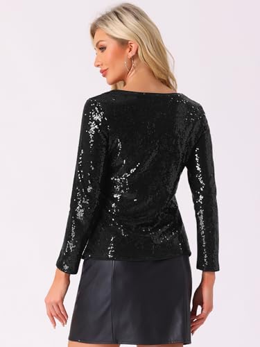 Allegra K Sequin Top for Women's Round Neck Long Sleeve Evening Party Sparkly Blouse Tops3