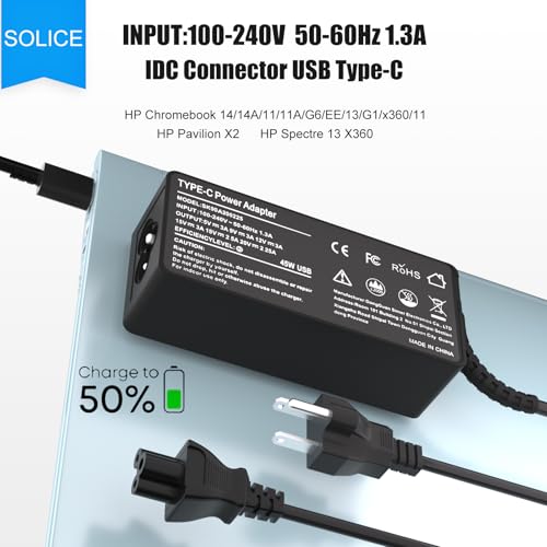 Image of 45W USB Type C Chromebook Charger Compatible with HP Chromebook X360 14 14A G5 11 11A G8 G7 G6 G1 G2 EE 14-CA 11-AE 14-ca061dx 14-ca051wm 14-ca052wm 14-ca091wm 14-ca020nr 14-ca060nr 11-ae051wm | Fit for HP Chromebook 14 14A G5 11 11A G8 G7 G6 G1 G2 EE 14-CA 11-AE 14-ca061dx 14-ca051wm 14-ca052wm 14-ca091wm 14-ca020nr