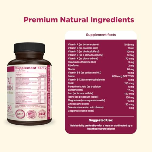 Image of Prenatal Multivitamin - Helps Promote Pregnancy Health - Supports Immune System & Fetal Development - Essential Nutrients for Mom & Baby - Safe Formula - Dietary Supplement - 60 Tablets