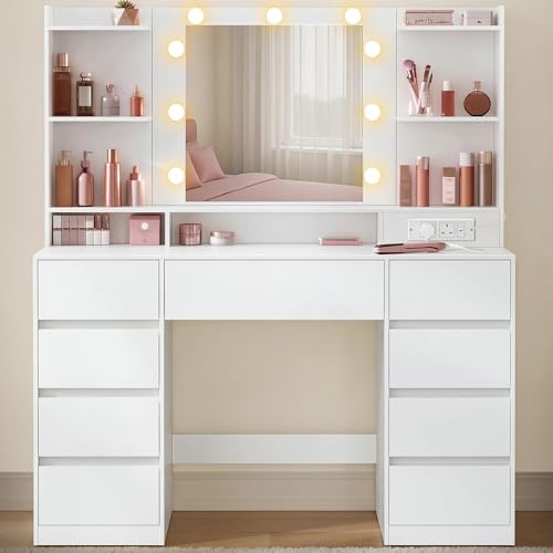 VASAGLE KAILYN Collection - Dressing Table with LED Mirror Vanity Desk with Power Outlets 9 Drawers 9 Dimmable Bulbs 3 Light Colours Toolless Slide Rail Assembly Cloud White RDT141WB03