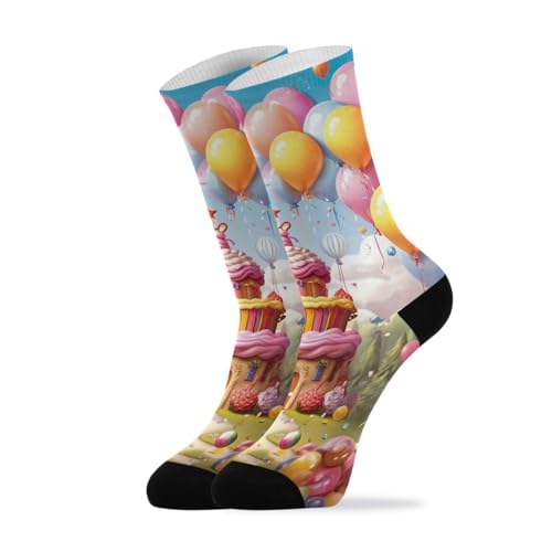CZXW 1 Pair Happy Birthday Balloons Cake Print Crew Socks Breathable Compression Athletic Socks for Women Men Sport Running Cycling