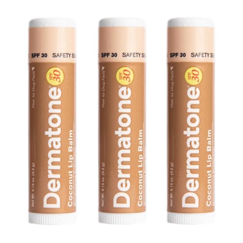 Dermatone Coconut Lip Balm | Moisturizing & Medicated, Aloe & Vitamin E | For Dry, Chapped and Cracked Lips | SPF 30 | Coconut, 3-Pack 0.15oz sticks