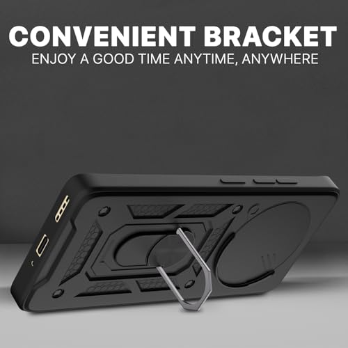 Image of Pikkme Back Cover for Realme 14 Pro 5G | 360 Protection Case | Sliding Camera Shield Cover & Ring Holder Stand D10 Tough Armor Bumper Case (Black)