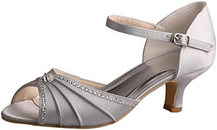 Wedopus MW033B Women's Peep Toe Mary Jane Low Heel Pleated Rhinestones Satin Wedding Prom Shoes Size 7 Silver