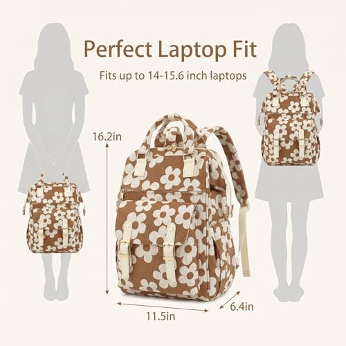 Image of Corduroy Laptop Backpack for Women 15.6 Inch Stylish College School Bookbag, Business Work & Travel Computer Backpacks (Large Floral Brown)