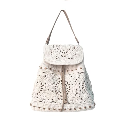Eiyye Mochila feminina de crochê feita à mão com corda de algodão, boho, com alças ajustáveis, mochila leve de viagem para passeios casuais de piquenique na praia