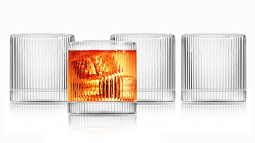 LEMONSODA Vintage Straight Line Lowball Drinking Glass 10oz Set of 4, Tumbler for Cocktails...