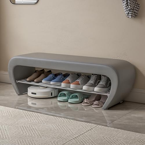Banc à chaussures en bois gris avec assise rembourrée et rangement