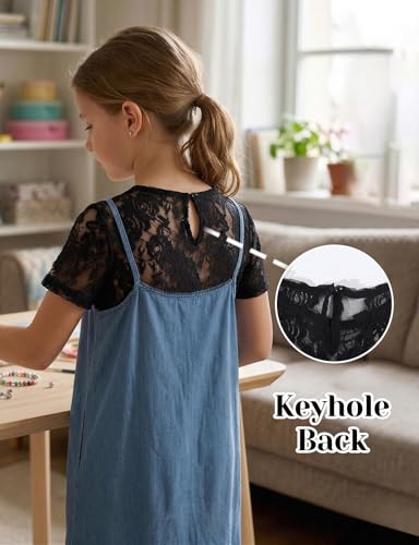 Image of Noomelfish Girls Lace Short Sleeve Layering Tops Sheer Mesh Tee Shirts Blouse (5-12 Years)