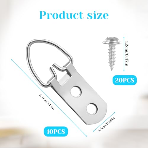 Image of 10 Packs Heavy Duty D Ring Picture Hangers with Screws, Metal Extra Large 2 Holes D Rings Picture Frame Hanging Straps Hook Hardware Kit for Hanging Clock Mirror Artwork Pictures Photo Frame, Silver