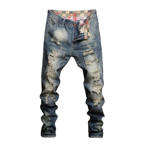 Men Spring and Summer Straight Loose Fit Hollow Out Street Wear Hip Hop Pants Men's Biker Ripped Jeans