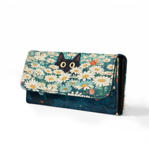 Image of AFPANQZ Womens Wallets Leather Trifold Multi Card Holder Slots Wallet, Cute Black Cat Daisy Print Elegant Clutch Phone Holder Zip Inner Pocket Multi-Cards Slots Large Travel Wallet