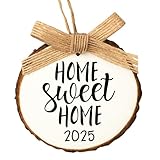 New Home Ornament 2025 – Housewarming Gift for New Homeowners – Rustic Home Sweet Home Christmas Decoration – Gift Box Included – Wooden Slice Keepsake for New House (White, Burlap)
