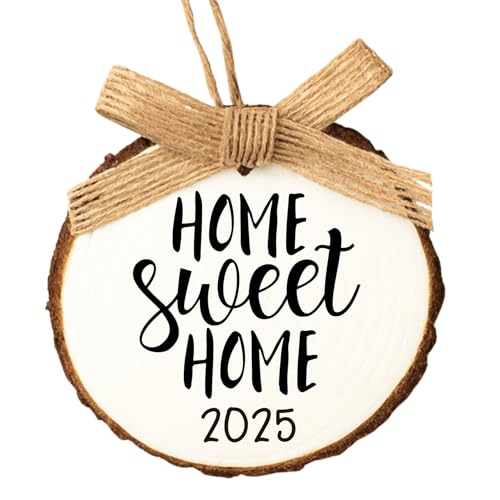 New Home Ornament 2025 – Housewarming Gift for New Homeowners – Rustic Home Sweet Home Christmas Decoration – Gift Box Included – Wooden Slice Keepsake for New House (White, Burlap)
