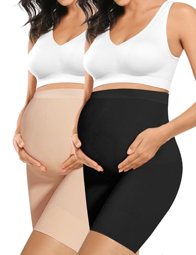 Peauty Maternity Shapewear Underwear Under the Bump Maternity Shorts for Under Dresses Pregnancy Belly Band Support Pregnancy Shapewear for Photoshoot Baby Shower Outfit(Black+Nude L)