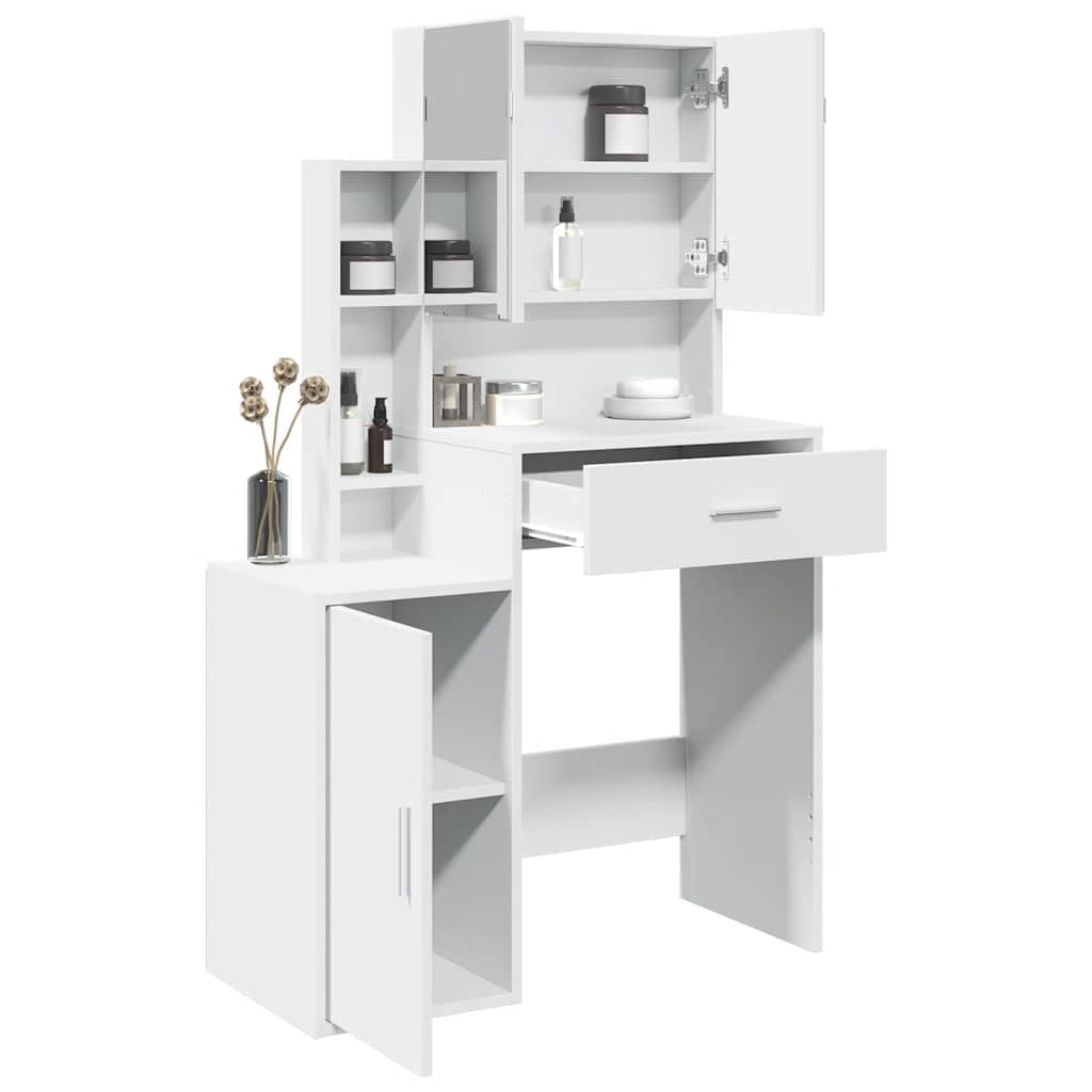 Générique Schminktisch, Weiß, mit Spiegel, 80 x 35 x 132 cm | Holzwerkstoff, 1 Schublade, 8 Fächer, Kosmetikaufbewahrung, Wandmontage, inklusive