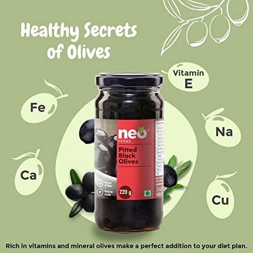 Image of Neo Pitted Black Olives 450g l 1 Jar l Low Fat Ready-to-Eat Healthy Snack, Source of Fibre l Enjoy as Topping for Pizza & Pasta l 450g