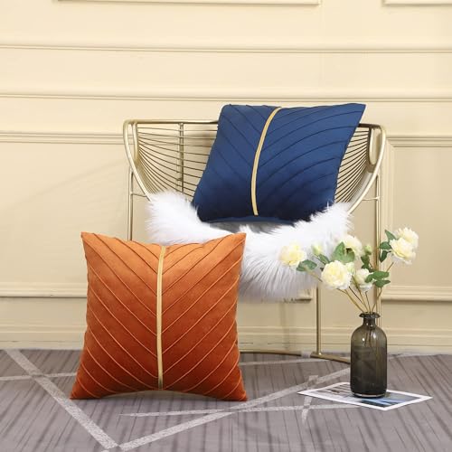 Image of Velvet Throw Pillow Covers 22x22 Pack of 2 Gold Decor Navy Blue