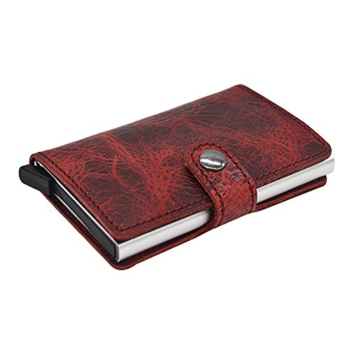 Image of HONB RFID Slim Wallet Minimalist Credit Card Holder For Women (Red Genuine Leather)