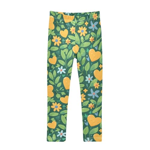 Daisy Floral Love Heart Print Girls Leggings Ultra Soft Compression Yoga Gym Pants for Kids 4-10T
