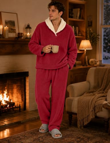 Image of Mens Fluffy Coral Fleece Pajamas Set Pullover Pants Loose Plush Warm Loungewear Sleepwear