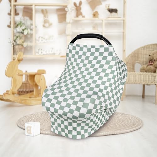 Image of TANOFAR Car Seat Cover for Baby, Multi-Use Cover Carseat Canopy, High Stretchy & Breathable Infant Carseat Cover, Shower Gifts for Unisex Boys and Girls, Green Checkered