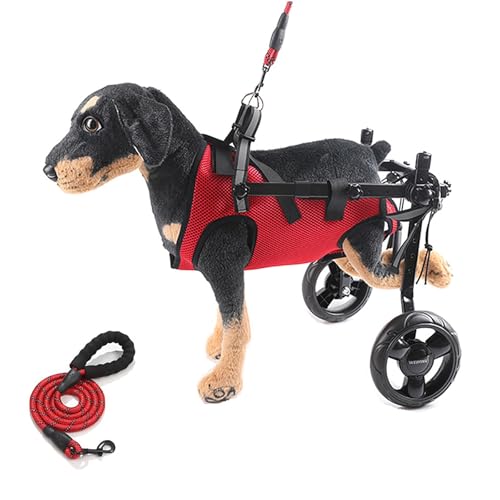 LFHWHKJ Rollstuhl for kleine Hunde mit Zugseil for die Hinterbeine, Verstellbarer Hundewagen mit 2 Rädern, leichte Gehhilfen for die Hinterbeine von Haustieren, Beinschiene und Hüftstütze(Red,M)